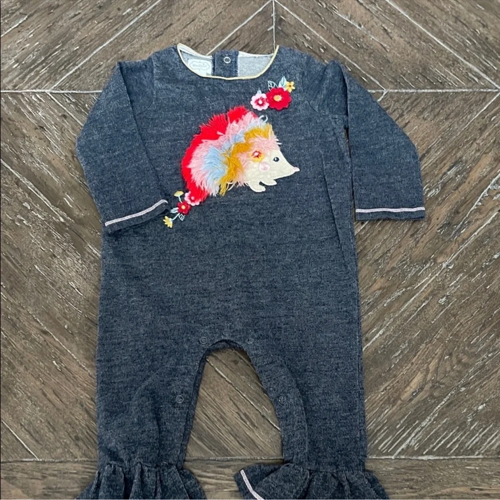 Mud Pie Denim One Piece with Colorful Hedgehog Outfit 9-12 Month